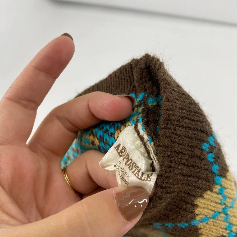 Vintage Aeropostale Y2K Argyle Beanie OS Brown Knit Winter Hat Geometric Pattern